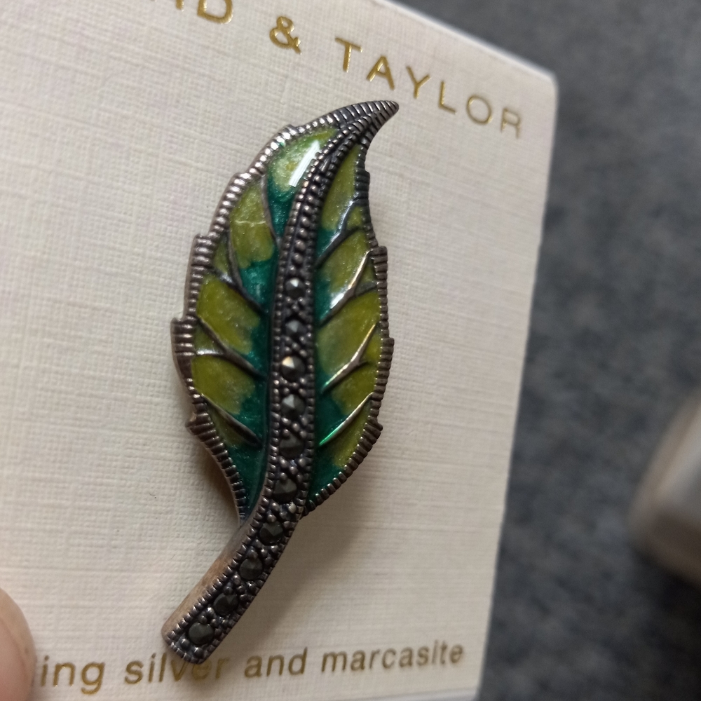 Lord & Taylor Antique Art Nouveau Sterling Silver & Green Marcasite Stone Leaf P